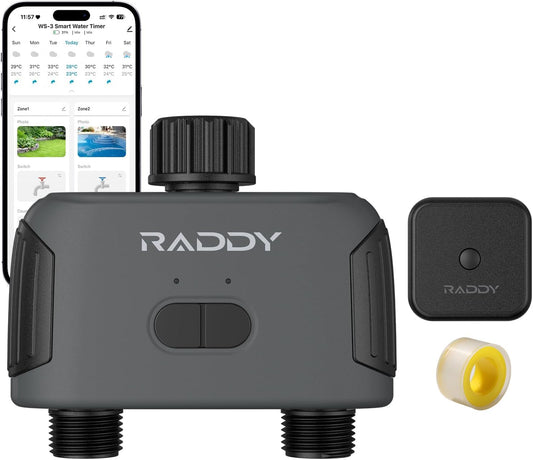 Raddy WS-3 WiFi Water Timer,2 Zones Sprinkler Timer for Garden Hose, Automatic Irrigation System with WiFi Hub, APP Control, Work with AWiFi Hub, Rain Delay for Lawns and Yard,2 Outlets