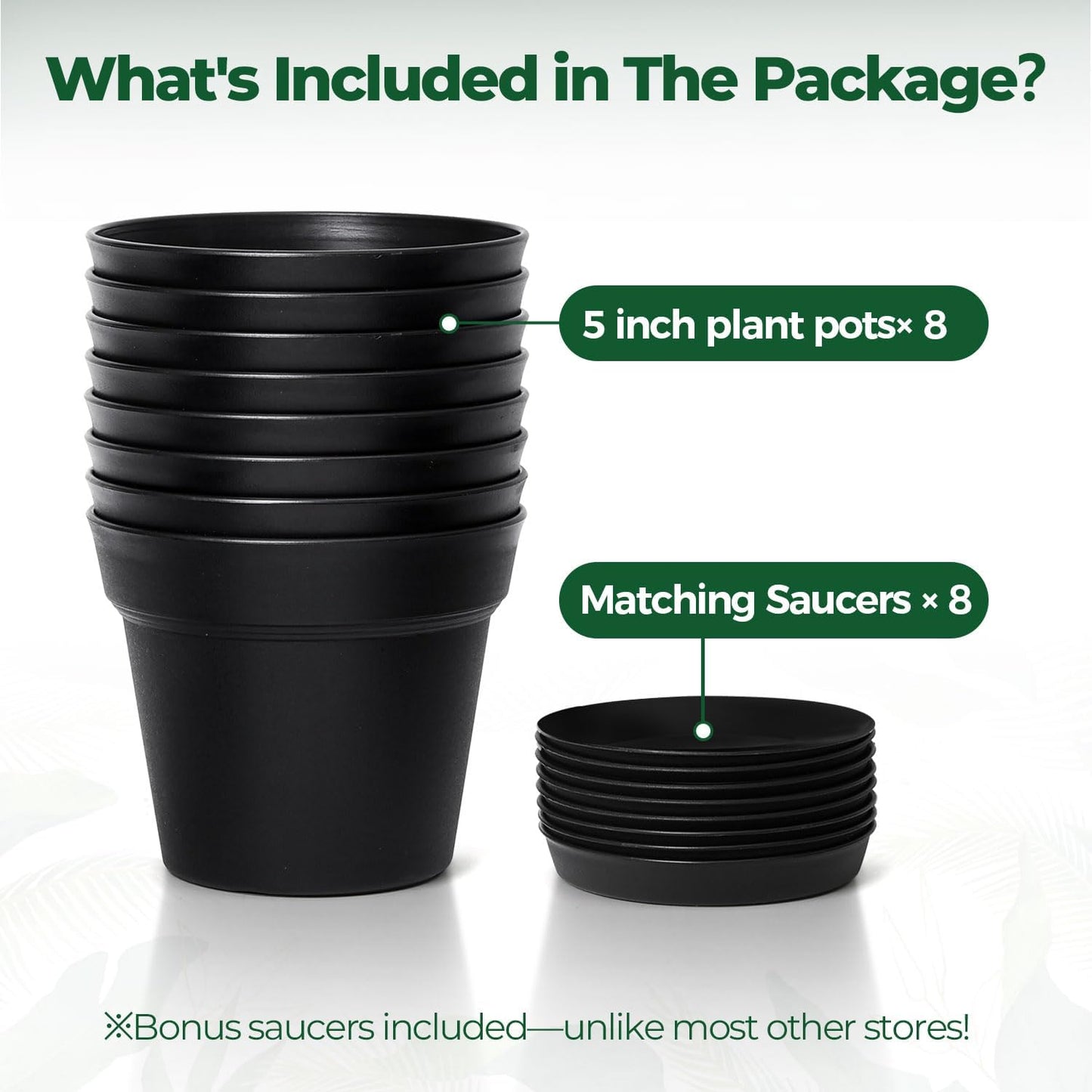 T4U 5 Inch Plant Pot 8-Pack, Plastic Pots with Drainage Hole and Saucer, Decorative Flower Pots Bulk for African Violet, Snake Plant, Succulent and All House Plants Indoor (8pcs 5" Pots, Black)