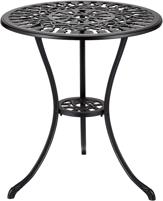 24" Outdoor Round Patio Bistro Table, Cast Aluminum Outdoor Cafe Table with 2 inch Umbrella Hole for Porch,Backyard,Garden, Tulip Pattern, Black
