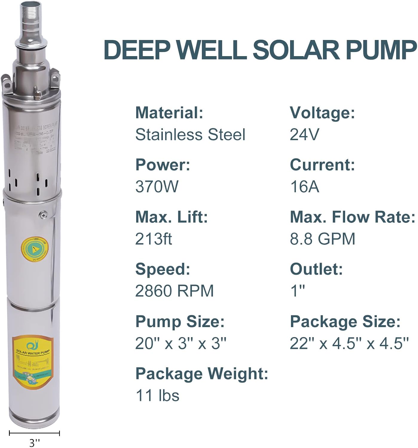 Submersible Deep Well Solar Water Pump DC 24V 370W Stainless Steel Agricultural Irrigation Screw Pump, 213ft Lift, 8.8GPM Flow, Solar Water Circulating System