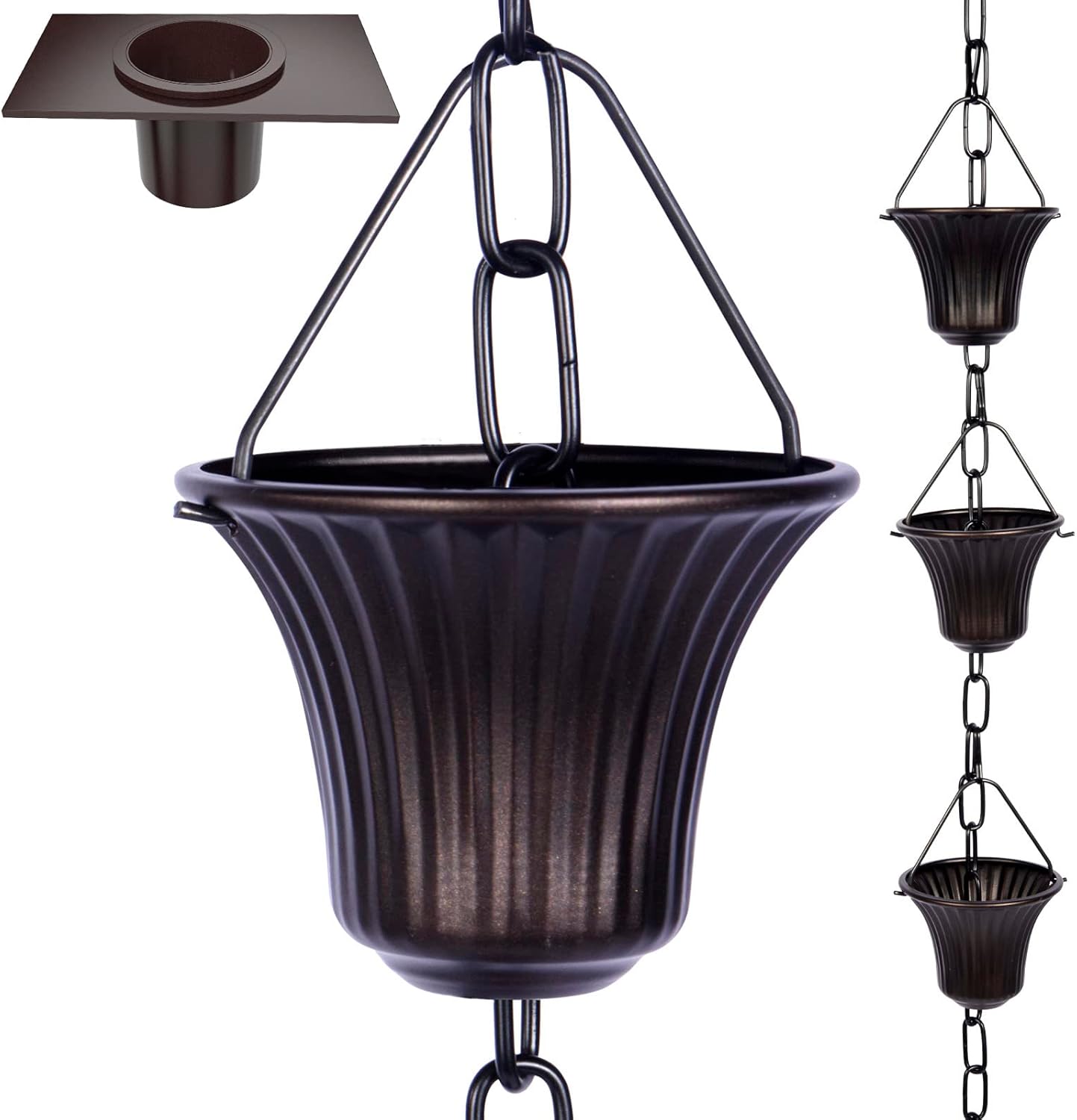 Rain Chain Set 8.5 Ft,Not Rust Wrought Iron Rain Chains for Gutters with Adapter Gotta Drain and Anchoring Stake, 14 Cups, 1 Hook, Adjustable Length for Garden Decorative (Coffee)