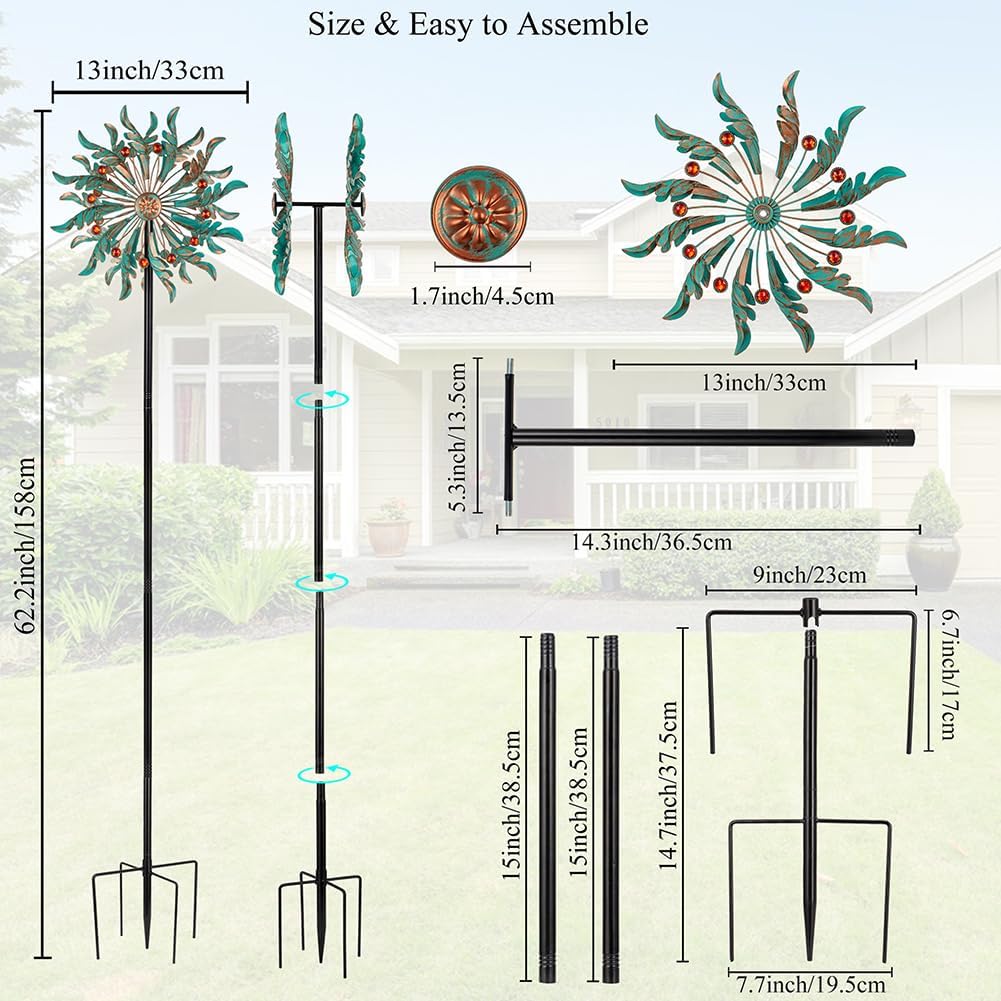 DREAMSOUL 13" Dia Wind Spinners Outdoor with 5 Prong Stakes, Kinetic Wind Spinner Metal Spinners for Yard and Garden