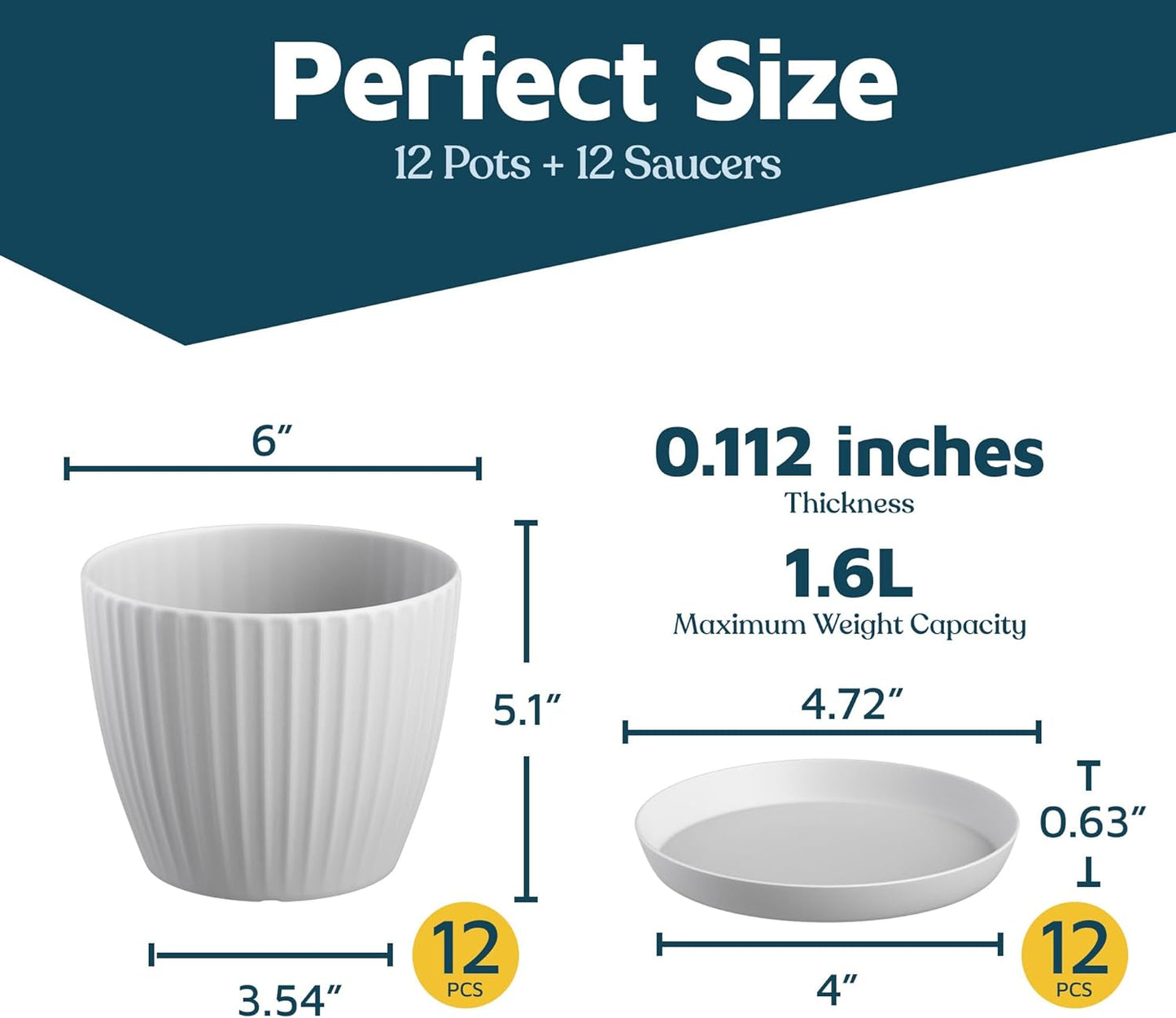 White 6-Inch Plant Pots with Drainage & Saucers 12 Pack, Indoor & Outdoor Planters for Houseplants, Herbs, and Flowers, Durable & Weatherproof Material, Stackable, Lightweight, Minimalist Design