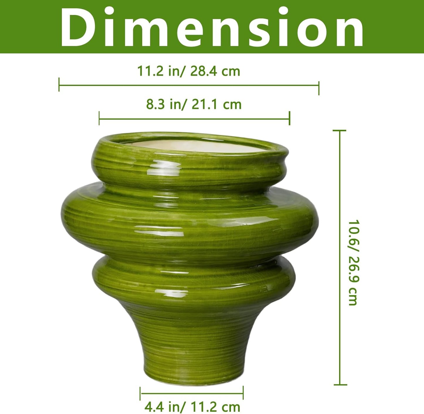 Ceramic Pot for Plants 11 Inch - Plant Pot for Indoor Outdoor, Decorative Bonsai Planter with Drainage Hole, Flower Pots for Office, Gift for Men Women, Green