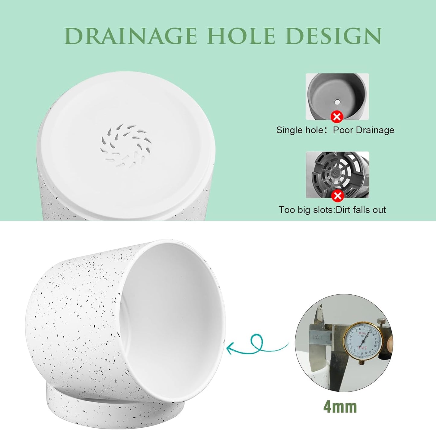 6/5/4 inch Plant Pots, 3 Pack Cylinder Flower Pots for Small Indoor Outdoor Plants, Plastic Planters with Drainage Holes and Saucers for Garden Succulent House Plants, Speckled White