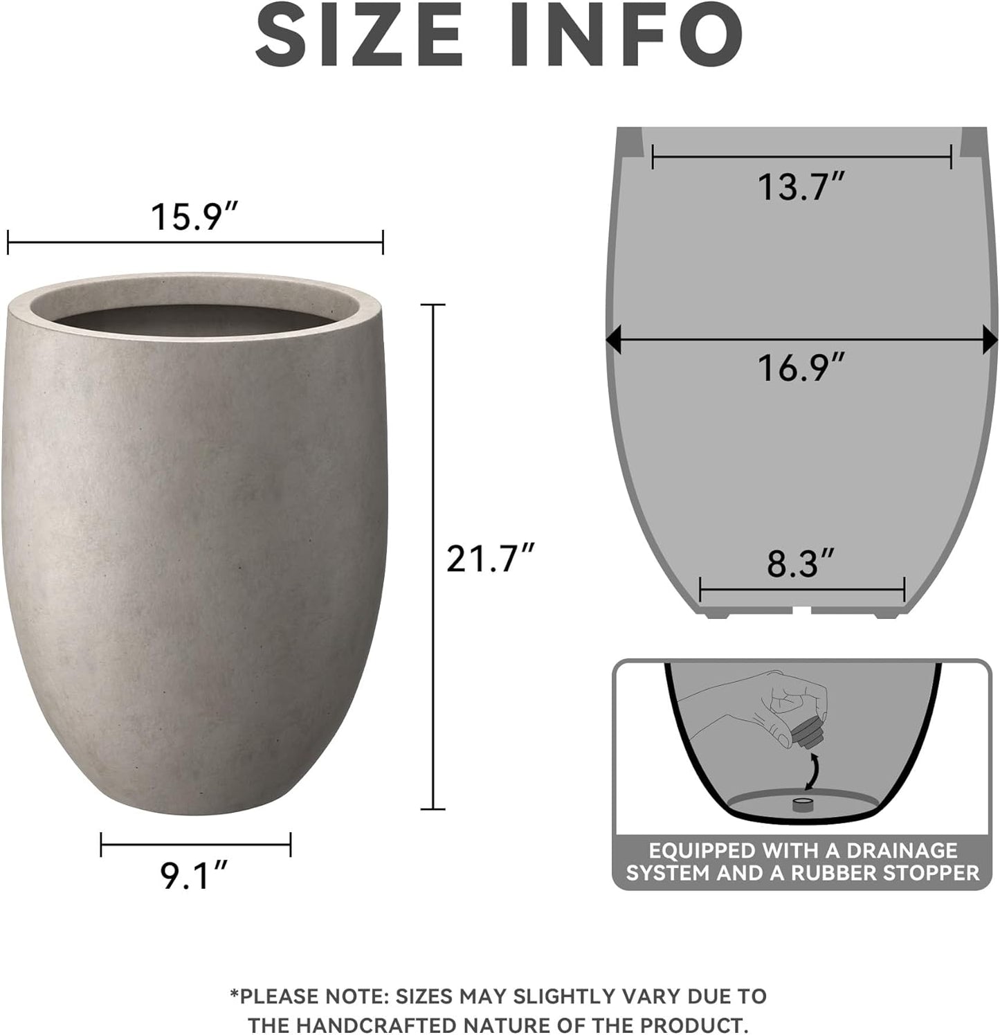 Kante 21.7" H Stone Gray Concrete Tall Planter, Large Decorative Garden Pot with Drainage Hole and Rubber Plug for Outdoor Indoor Plants, Modern Round Style for Home and Garden