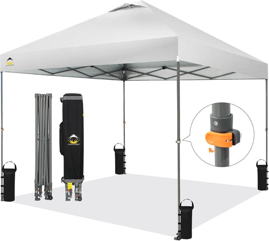 CROWN SHADES Adjustable Height on The Fly, 10x10 Pop Up Canopy - Beach Tent with One Push Setup - Easy Outdoor Sun Shade for Events, Parties, Camping - Outside Shade with STO-N-Go Bag, White