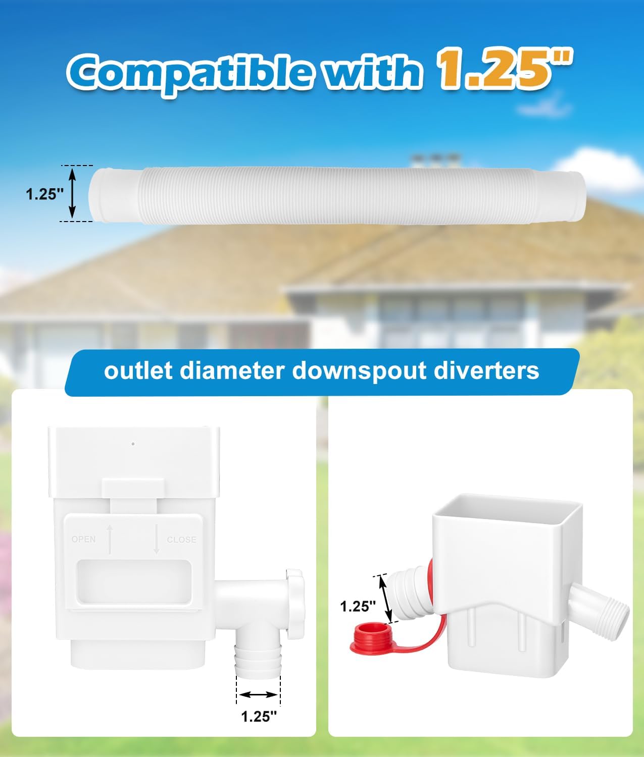 WADEO Rain Barrel Hose Connector, Compatible with Downspout Diverters(1.25'' Outlet Diameter) & Links Rain Barrels for Increased Storage