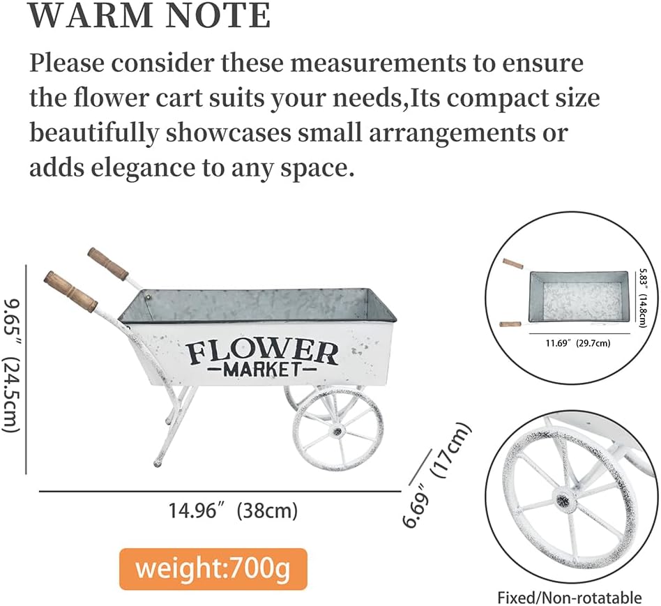 15 Inch Farmhouse Small Flower Cart with Wooden Handles Metal Wagon Planters for Outdoor Plants Decorative Wheelbarrow Plant Cart for Patio Garden Balcony White