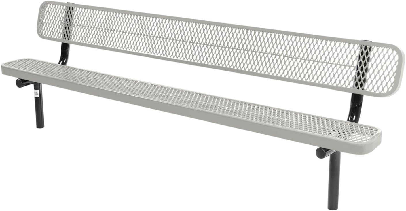 Coated Outdoor Furniture Heavy-Duty Outdoor Bench Thermoplastic Coated, Expanded Metal, Commercial-Grade Seating, Made in America (Inground with Back, 8 Ft, Grey)