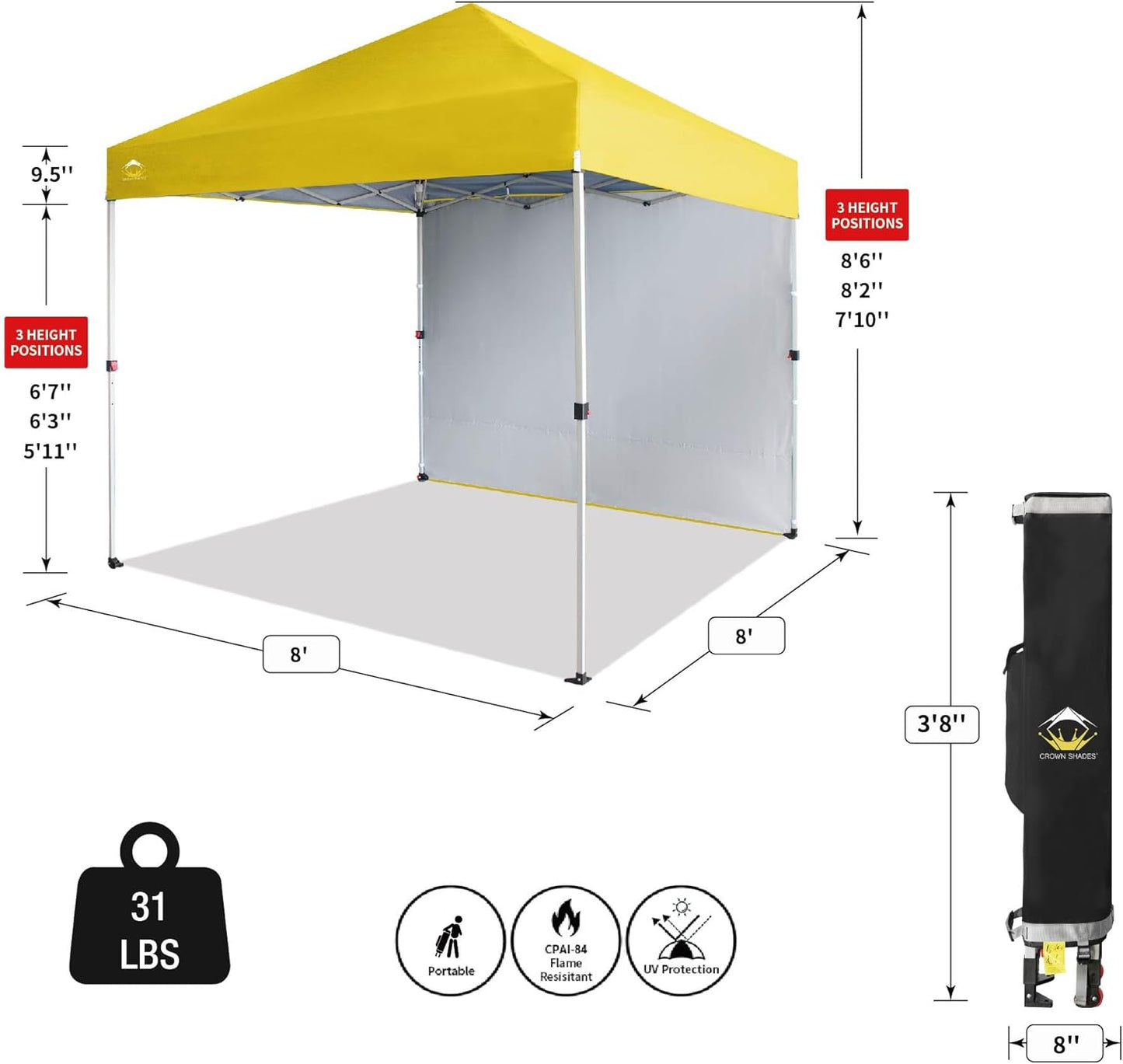 CROWN SHADES 8x8 Pop Up Canopy with 1 Side Wall - Beach Tent with One Push Setup - Outdoor Sun Shade for Events, Parties, Camping - Gazebo with STO-N-Go Cover Bag (Yellow)