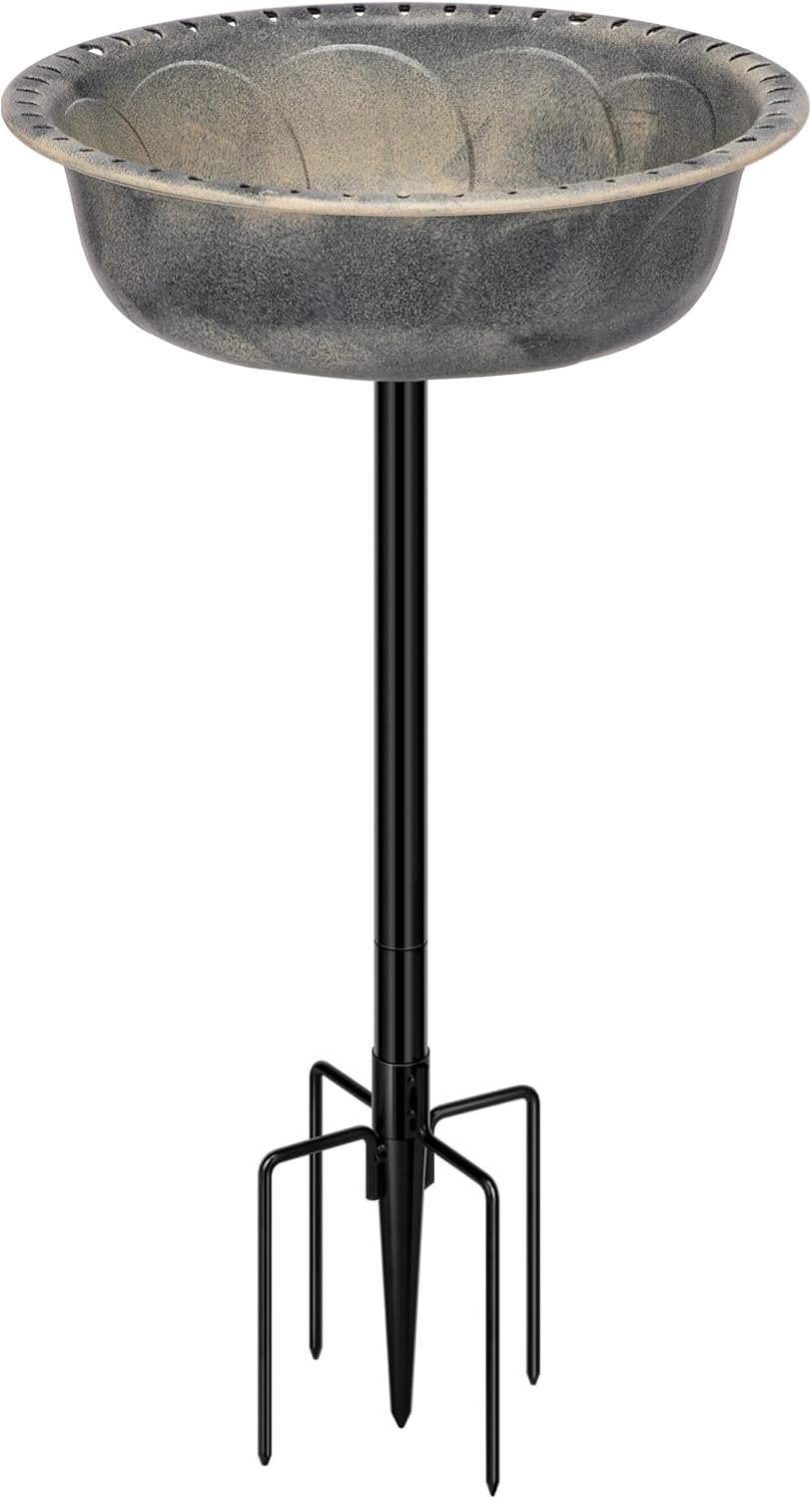 VIVOHOME Polyresin Bird Bath Bowl with Metal Stake, 29 Inch Height Outdoor Freestanding Birdfeeder, Capacity 1.4 Gallons, 5-Pronged Base, Gray