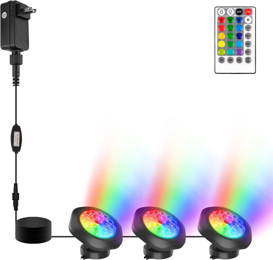 RGBW Pond Lights with Timer, 18 LED Super Bright Underwater Submersible Fountain Lights Color Changing Spotlights, Remote Control IP68 Waterproof for Fish Aquarium Tank Garden Pool (Set of 3)