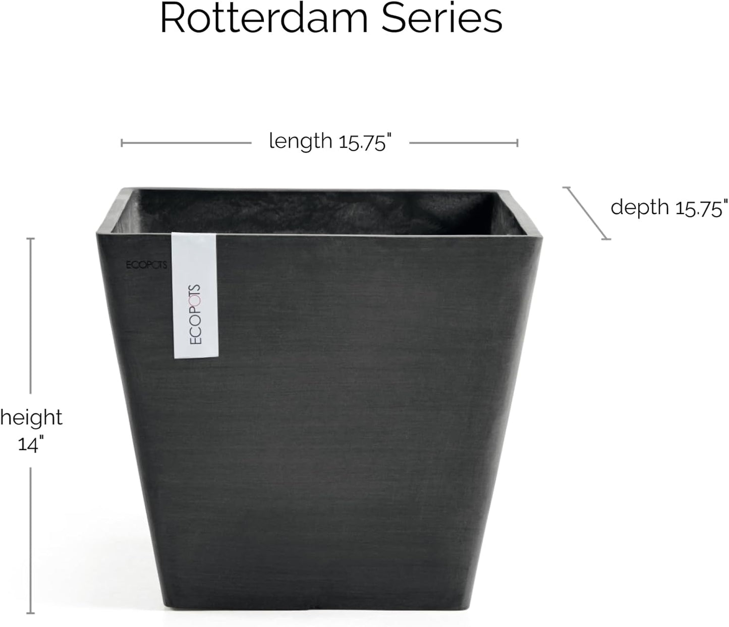 Ecopots Rotterdam Durable Modern Square Indoor/Outdoor Recycled-Based Composite Flower Planter, Dark Grey, 15.75"