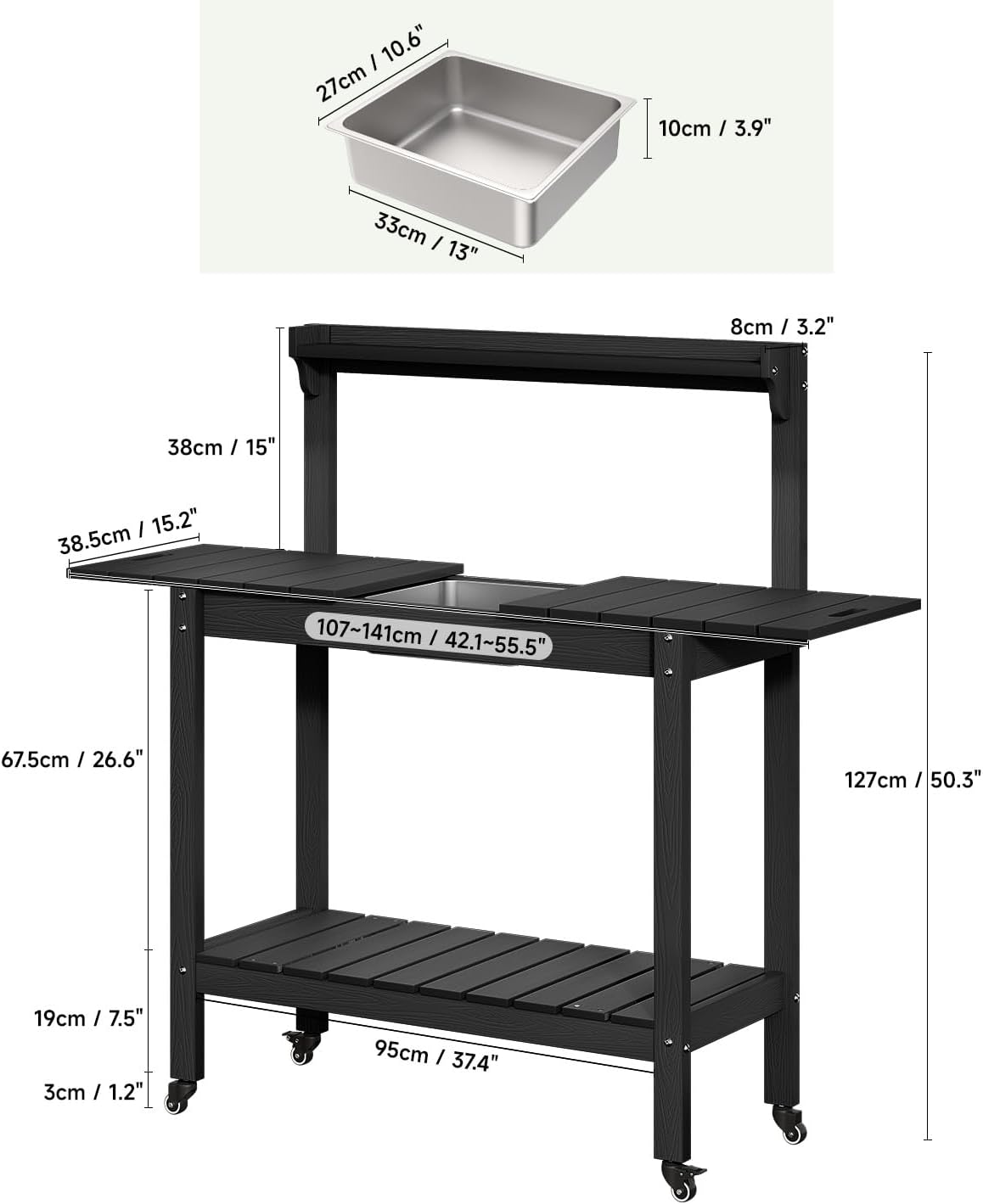 HDPS Outdoor Potting Bench with Sliding Tabletop/ 4 Wheels/Removable Sink, All-Weather Outside Garden Work Table, No Rust/Fade/Break, Potting Station for Porch, Patio & Backyard (Black)
