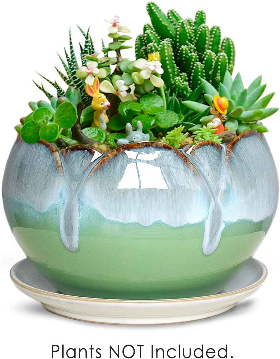 Dahlia 5.5'' Inch Rustic Drip Glazed Ceramic Planter/Succulent Pot/Plant Pot w. Saucer/Tray, Green