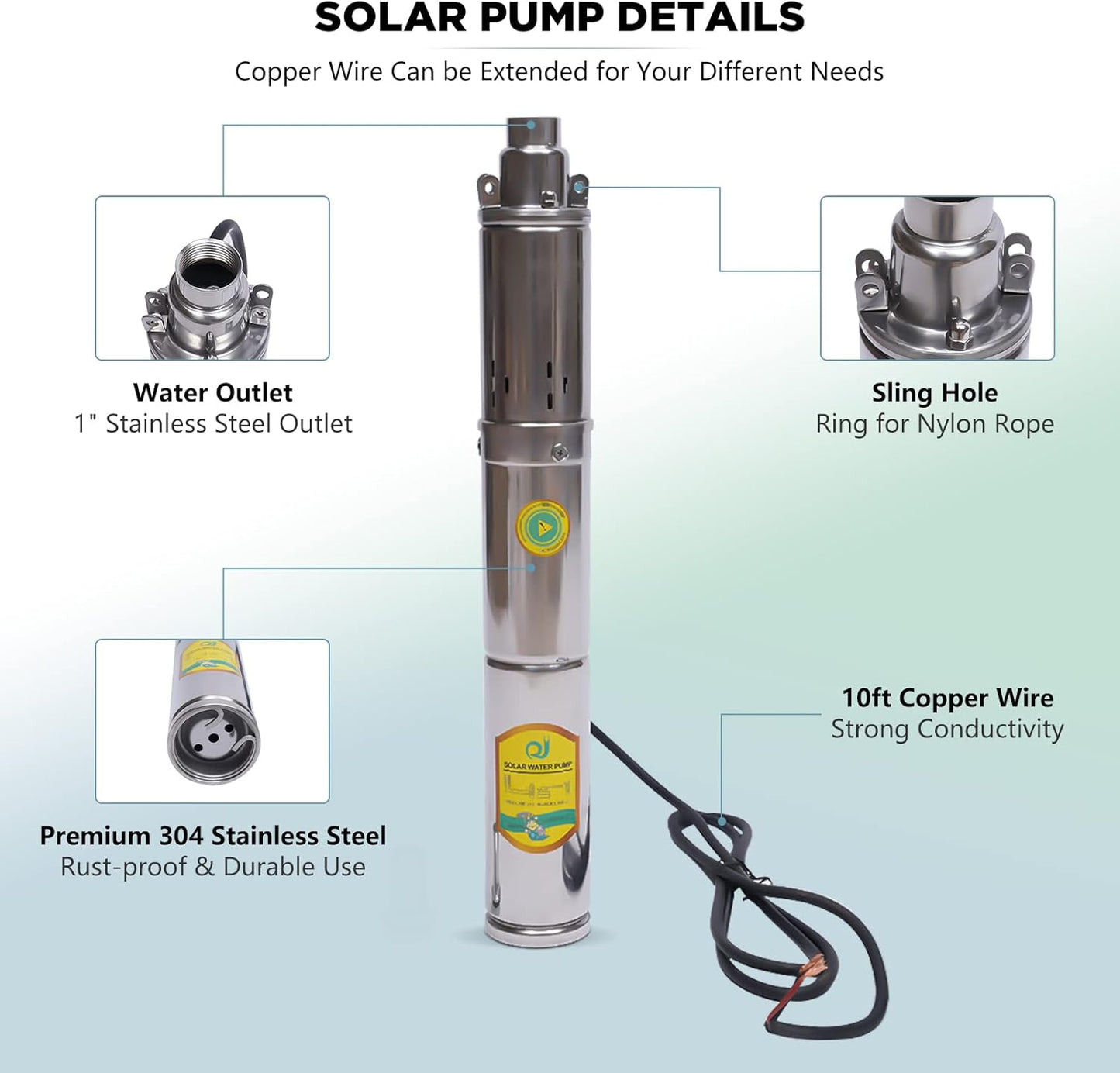 Submersible Deep Well Solar Water Pump DC 24V 370W Stainless Steel Agricultural Irrigation Screw Pump, 213ft Lift, 8.8GPM Flow, Solar Water Circulating System