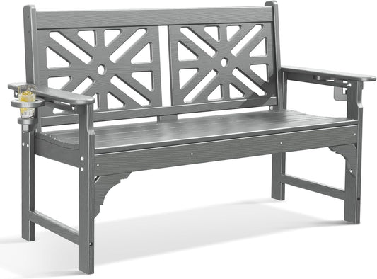 nalone Outdoor Bench with Cup Holders, HDPE All Weather Porch Bench Load up to 800 Lbs, 2-Person Garden Benches Rot-Proof Fade Proof for Patio, Porch, and Park (Grey)
