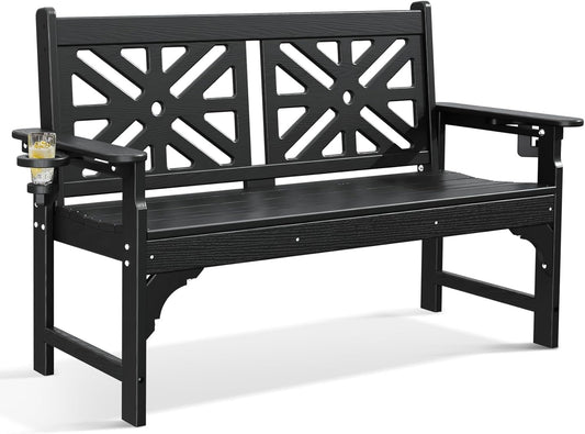 nalone Outdoor Bench with Cup Holders, HDPE All Weather Porch Bench Load up to 800 Lbs, 2-Person Garden Benches Rot-Proof Fade Proof for Patio, Porch, and Park (Black)