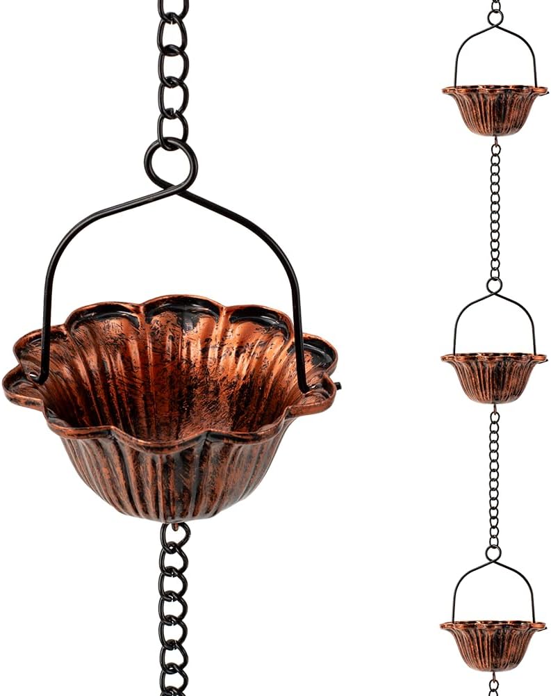 10FT Rain Chain, Lotus Rain Chains for Gutters with 12 Cups, Adjustable Rain Catcher Chain for Outside, Replacement Downspout for Gutters, Eaves, Drainage