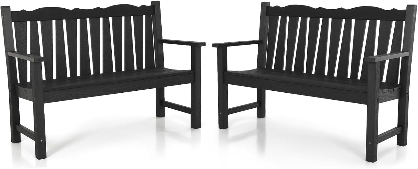 Outdoor Bench Set of 2, Weatherproof Garden Benches for Outdoors, All Weather HIPS Patio Bench Holds up to 800lbs, Never Rot or Fade, Comfort Bench for Porch Garden Patio Yard and Park(Black)