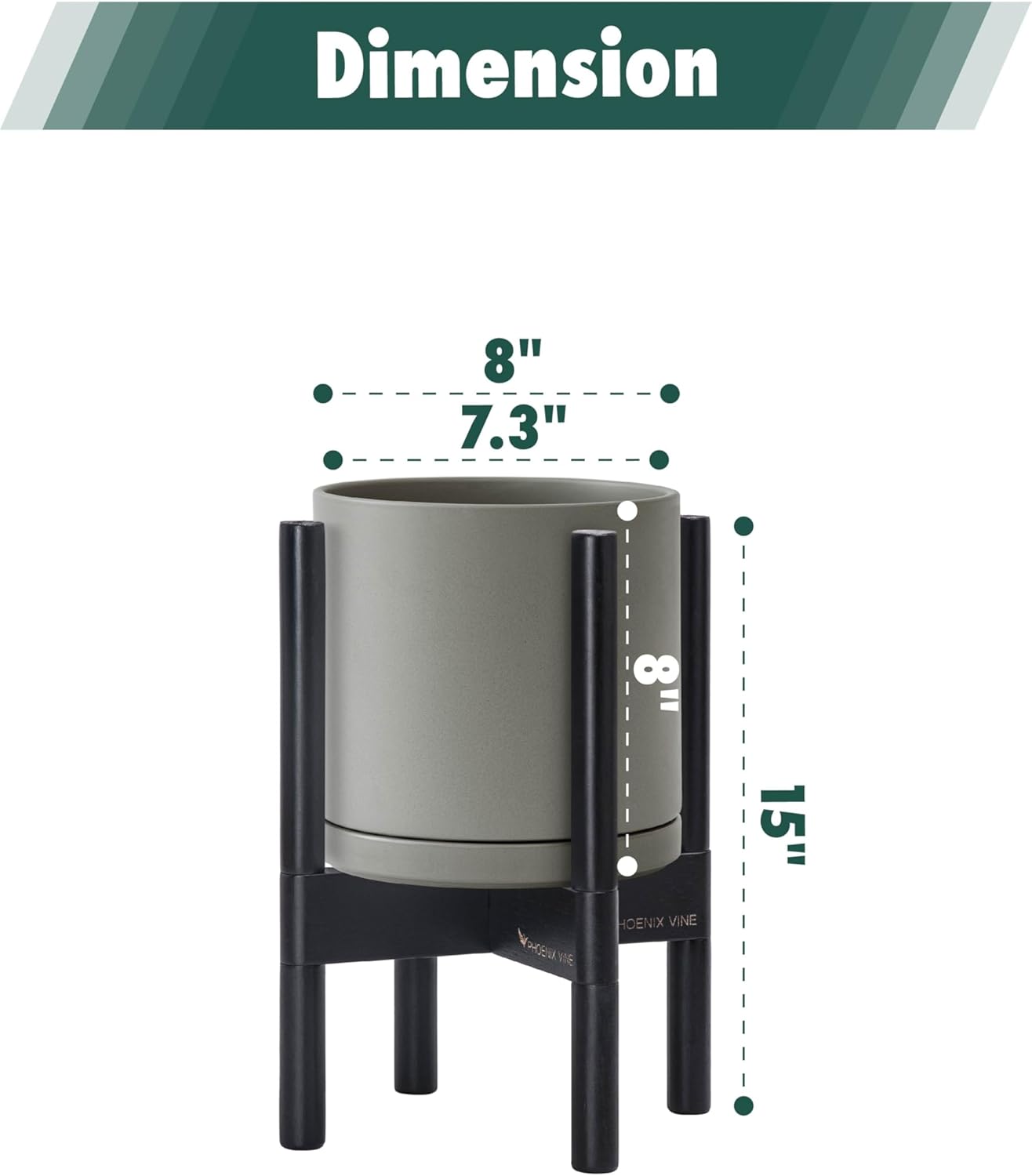 D'vine Dev Ceramic Planter with Ebony Stand - 8 Inch Modern Round Flower Pot with Wood Planter Holder, Grey, 55-B-M-3