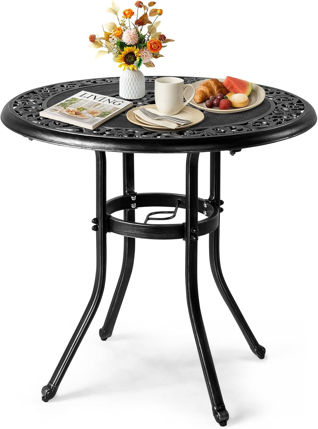 Outvita Outdoor Dining Table, Cast Aluminum Round Patio Bistro Table with Umbrella Hole Weather Resistant Aluminum for Balcony Poolside Garden Lawn