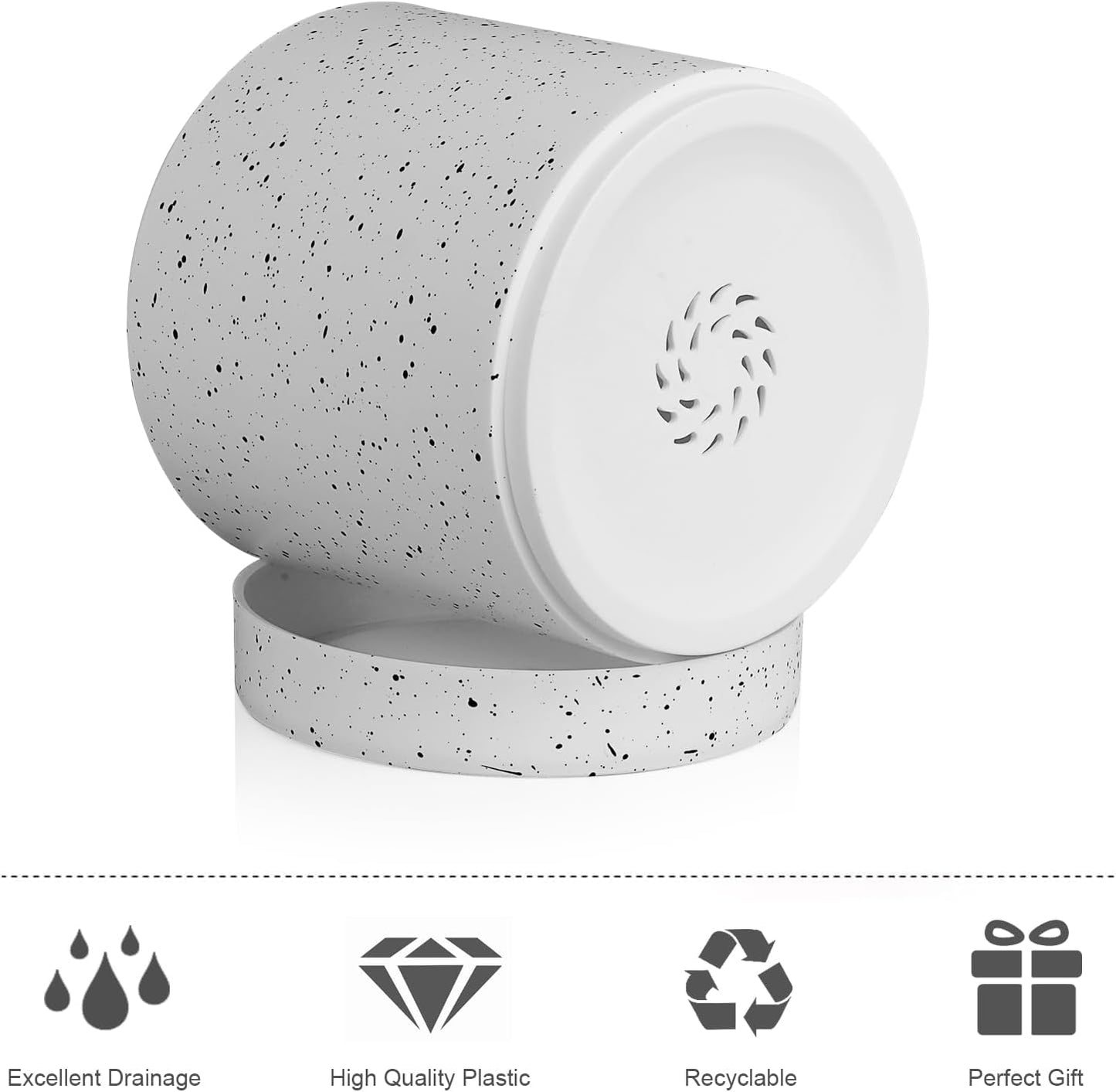 7/6.5/6/5/4 inch Plant Pots, 5 Pack Cylinder Flower Pots for Small Indoor Outdoor Plants, Plastic Planters with Drainage Holes and Saucers for Garden Succulent House Plants, Speckled White