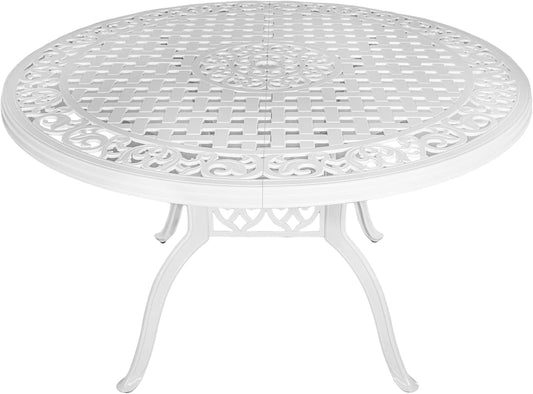 48" Round Patio Table for 6-8 Person Cast Aluminum Bistro Table with 2.36" Umbrella Hole,Metal Outdoor Dining Tables,Wrought Iron Patio Bistro Table,White Patio Table.