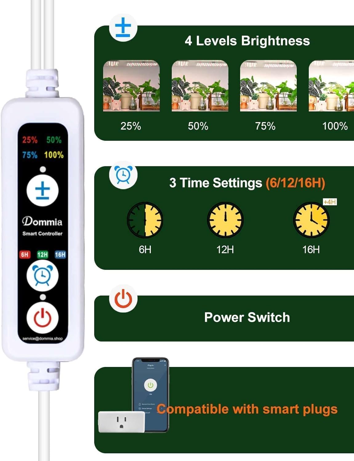 DOMMIA Grow Light, Square Dimmable Full Spectrum High PPFD with Optical Lens, Auto on/Off and 6/12/16H Timer, Suitable for Seed Starting and Easy to Install, 2 Pack