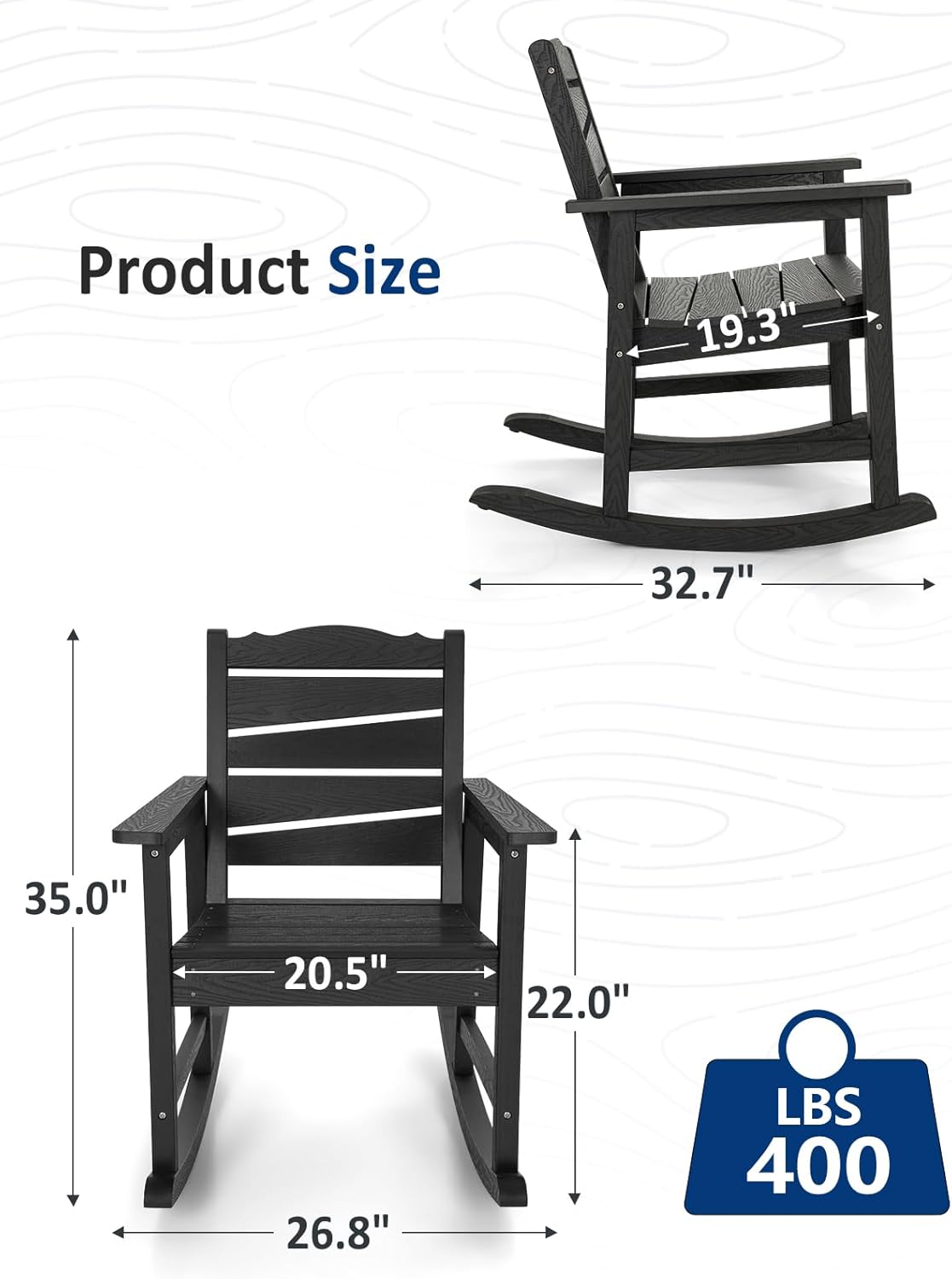 Patio Rocking Chair, Weatherproof HIPS Outdoor Rocking Chair for Adults, 400LBS Support Heavy Duty Porch Rocking Chairs for Garden, Lawn, Backyard, Outdoor and Indoor (Black)