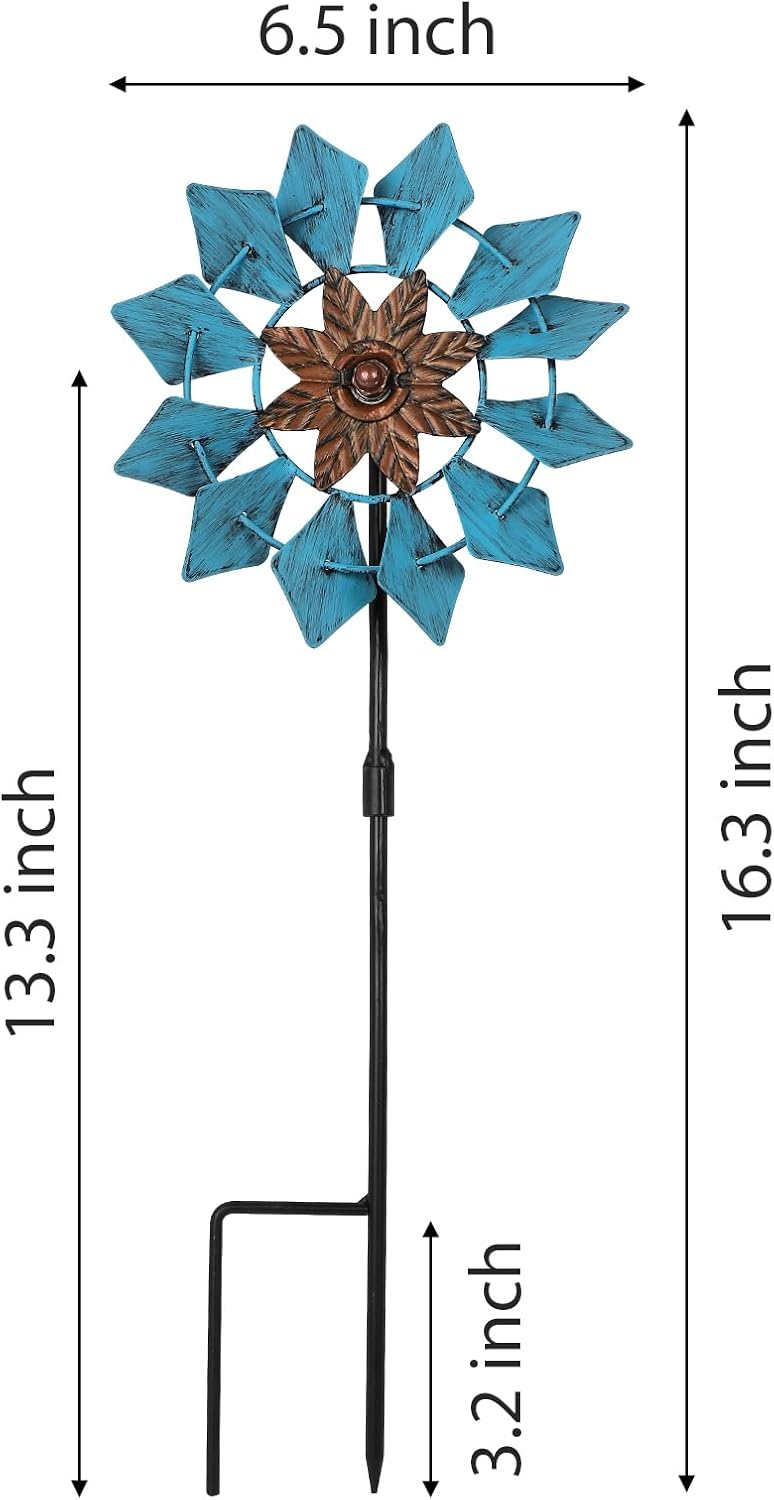 3 Pack Wind Spinners with Metal Stake, 16.3 Inches Yard Garden Sculptures for Outdoor Spring Decoration Lawn Patio Wind Catcher Windmill (Blue Flower)