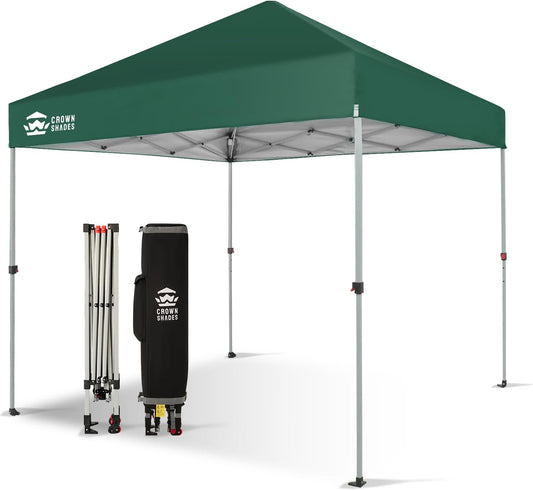 CROWN SHADES 8x8 Pop Up Canopy - Beach Tent with One Push Setup - Easy Outdoor Sun Shade for Events, Parties, Camping - Gazebo with STO-N-Go Cover Bag, Silver Coated Top, Forest Green