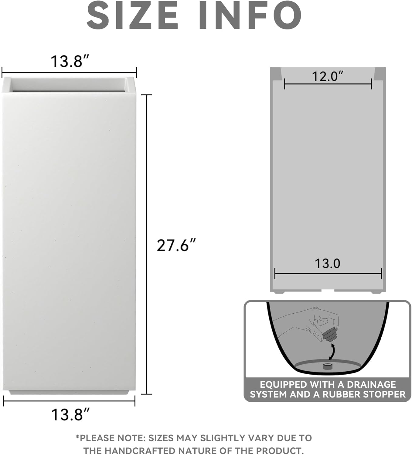 Kante 27.6" H Tall Rectangular Concrete Planter, Modern Square Diameter Plant Pot with Drainage Hole and Rubber Plug for Indoor Outdoor Home Patio Garden, Pure White