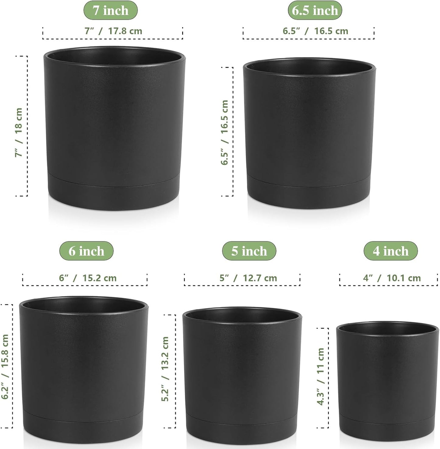 7/6.5/6/5/4 inch Plant Pots for Small Indoor Outdoor Plants, 5 Pack Cylinder Flower Pots with Drainage Holes and Saucers, Plastic Planters for Garden Succulent House Plants, Black