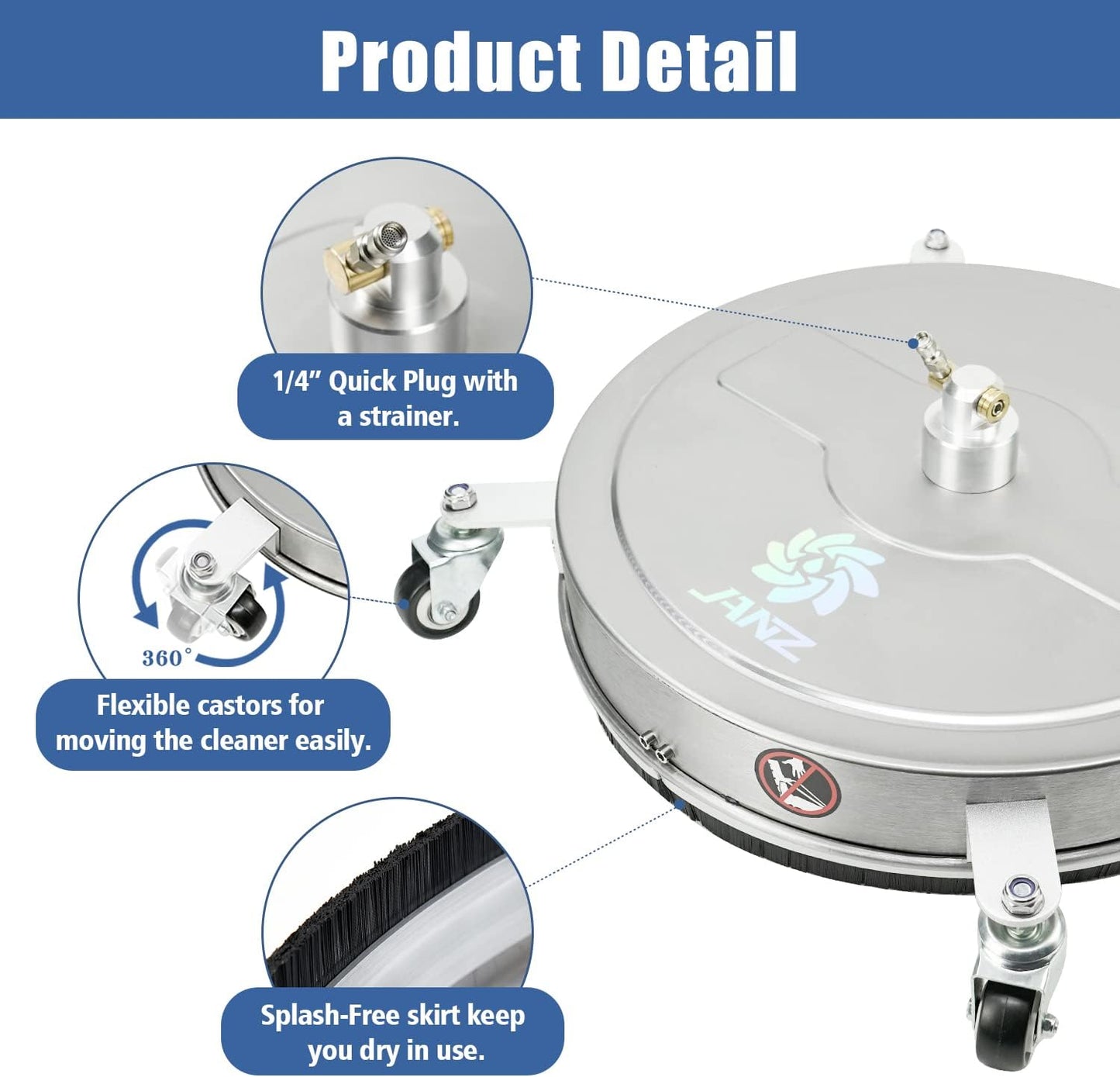 JANZ 20'' Pressure Washer Surface Cleaner with 4 Wheels, Stainless Steel Housing, 1/4" Quick Plug, 2 Extension Wands, 2 Replacement Nozzles and 3 Spray Nozzles, 4000 PSI