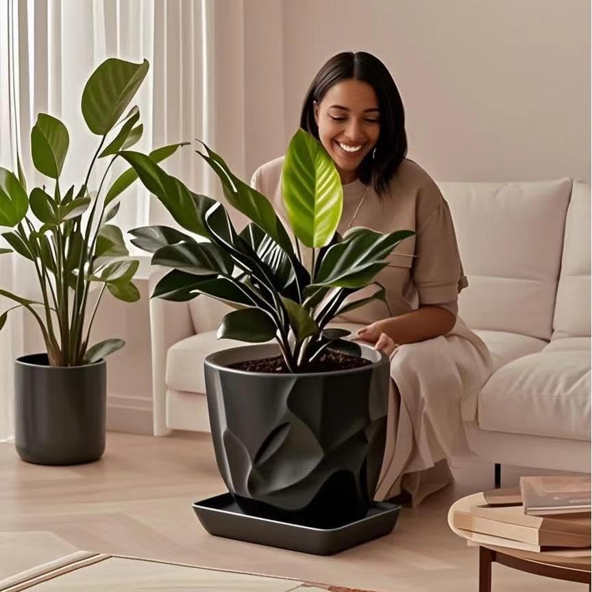 Square Plant Saucer 10 Inch 2 Pack，Plant Trays for Pots, Black Ceramic Plant Saucers for Indoors Outdoors, Plant Drip Tray 4 6 8 10 12 14 Inch