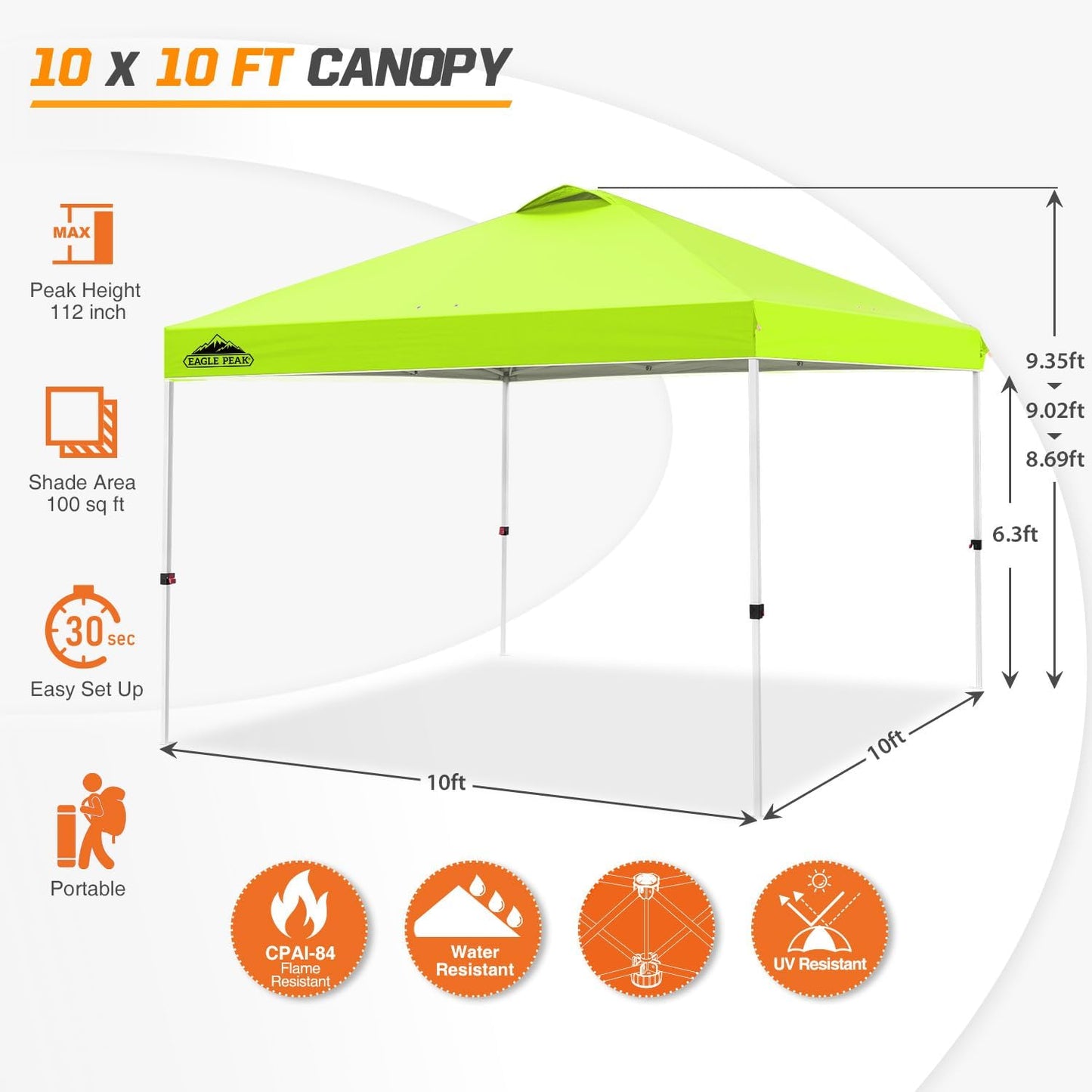 EAGLE PEAK Pop Up Canopy Tent with Wheeled Carry Bag, 8 Stakes, 4 Ropes, 4 Weight Bags, Easy Set Up Tent Canopy, 10x10 ft, 100sqft of Shade, Neon Green