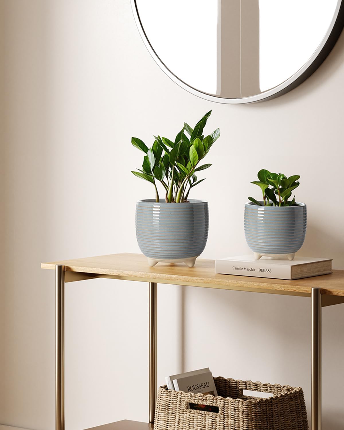 LE TAUCI Ceramic Plant Pots, 5.1 + 6.4 Inch Footed Pots for Plants, Modern Flower Pots for Home and Office, Indoor Planters with Drainage, Reactive Glaze Gray