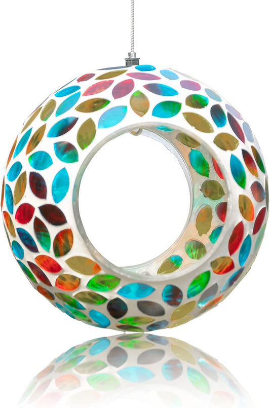 Yinns Bird Feeder - Hanging Mosaic Glass Birdfeeder, Fly Through Bird Feeders with Oval Stained Glass, Outdoor Garden Decor, 6.5 inch