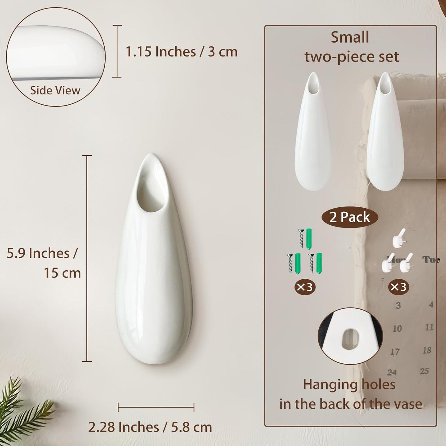 2 Pack White Ceramic Wall Vases,5.9 Inch Wall Hanging Plant Holder,Cubicle Modern Decor Plant Holder Vase for Indoor Plants, Hanging Propagation Flower Pots for Air Vases