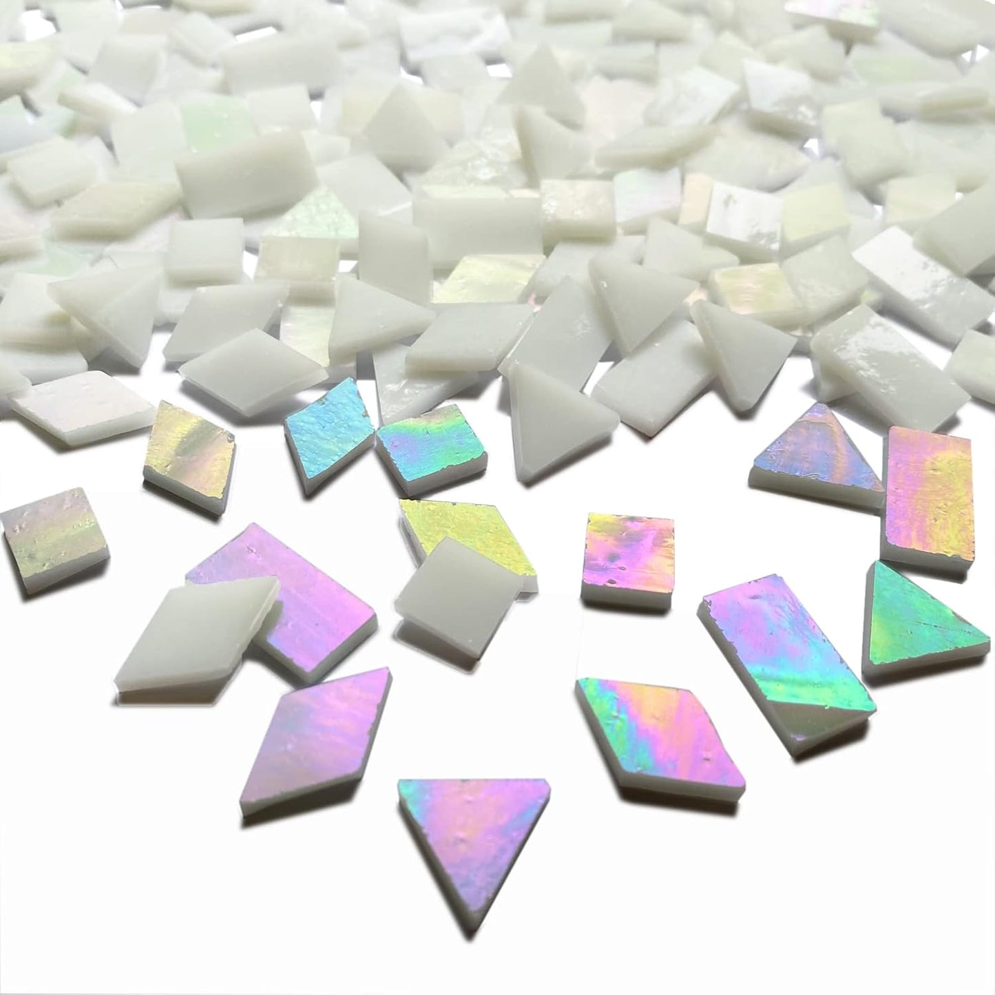 Iridescent White Glass Mosaic Tiles for Crafts, 280 Pcs Mixed 4 Shapes Stained Glass Sheets, Mosaic Kit for Adults Kids, Supplies for Mosaics