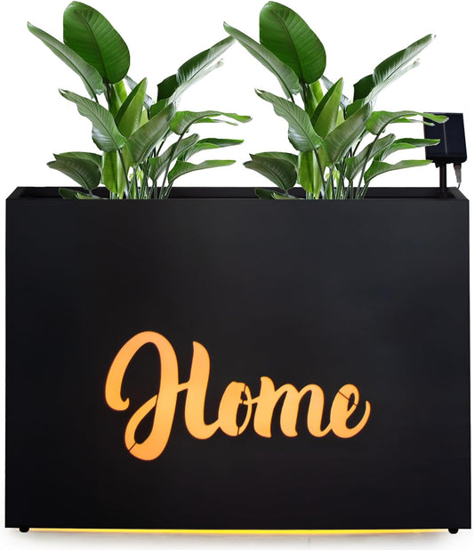 Metal LED Planter Box Rectangular Block - Galvanized Steel Long Planters Box with Solar Light Outdoor All-Weather Use with Drainage Holes for Cafe Bar Mall Patio/Porch/Entrance, 35.5×24×12IN（Home）