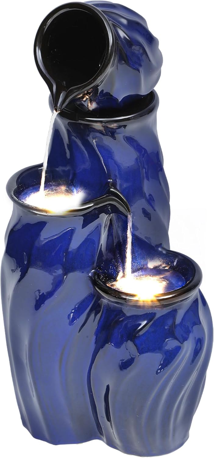 29" Tall Ceramic Water Fountain Outdoor with LED Lights, 4-Tier Cascading Waterfall Garden Fountain, Ideal for Serene Relaxing Patio, Yard or Porch, Cobalt Blue Glaze, Dynamic Wave-Texture