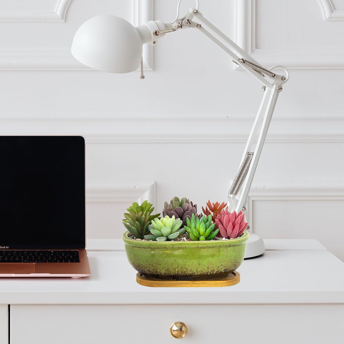 ARTKETTY Succulent Pots, 1 Rectangle Planter + 1 Ceramic Bonsai Pot with Drain Tray, 2 Pack Large Shallow Succulent Planters for Indoor Plants, Round Cactus Flower Plant Pot for Desk Windowsill Decor