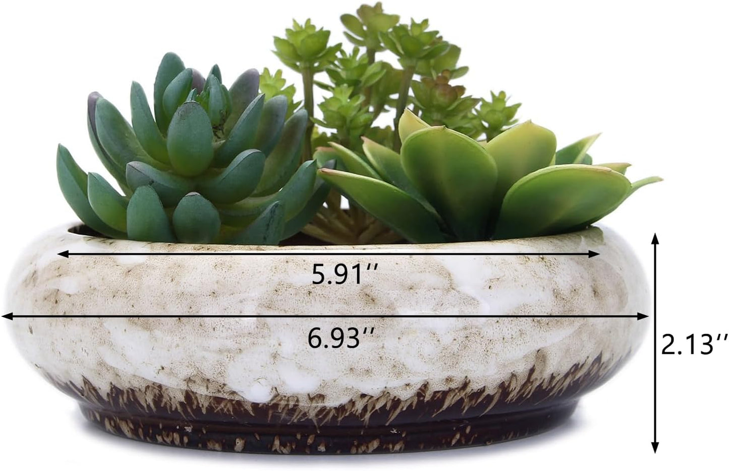 VanEnjoy 7.3 inch Round Large Shallow Succulent Ceramic Glazed Planter Pots with Drainage Hole, Bonsai Pots Garden Decorative Cactus Stand Flower Container (White)