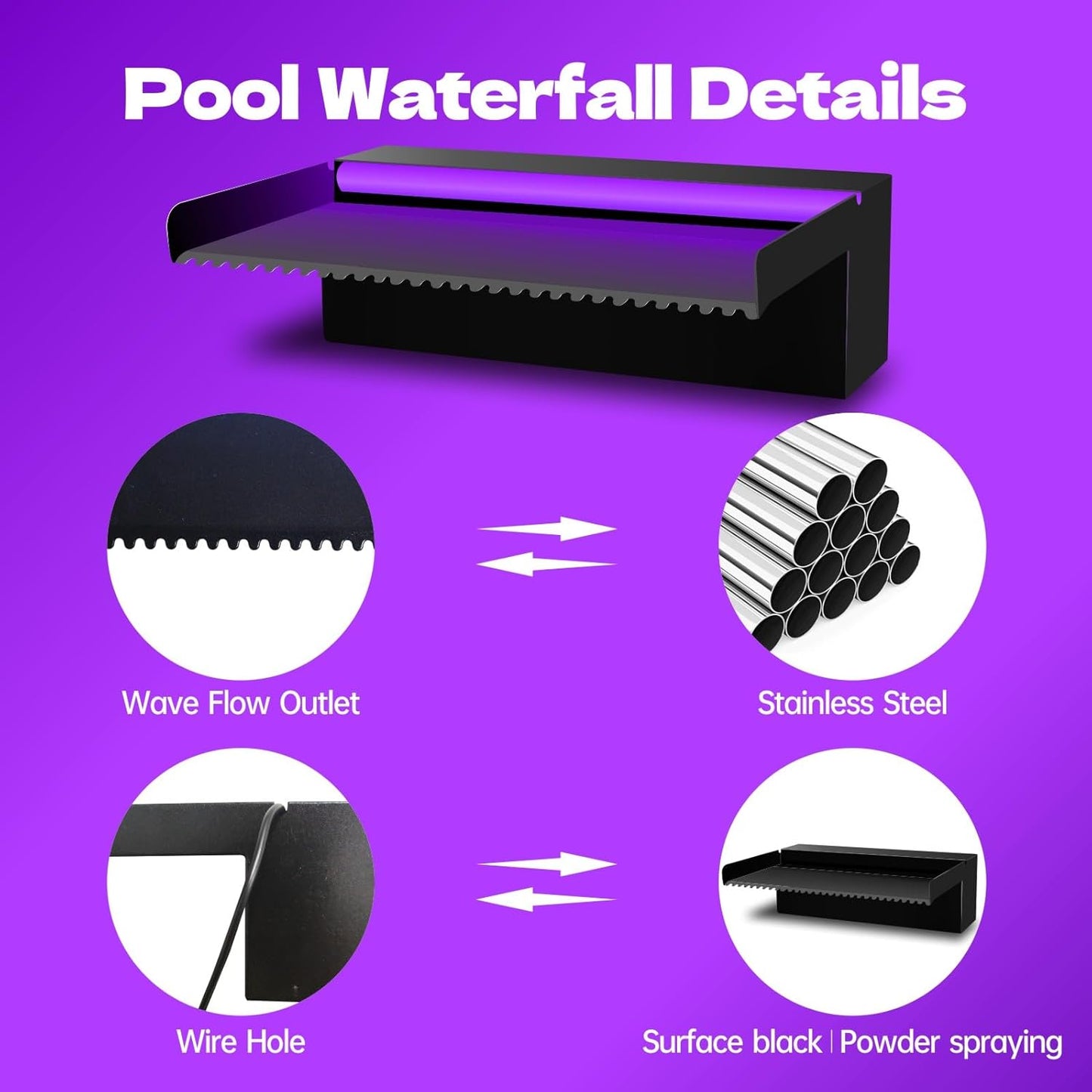 Pool Waterfall Spillway Stainless Steel Pond Fountain, APP Control Colorful LED Lighted Outdoor Black Fountains, Water Flow Spillways Kit for Koi Pond, Swimming Pool, Garden-35.4"x7.8"x3.9"