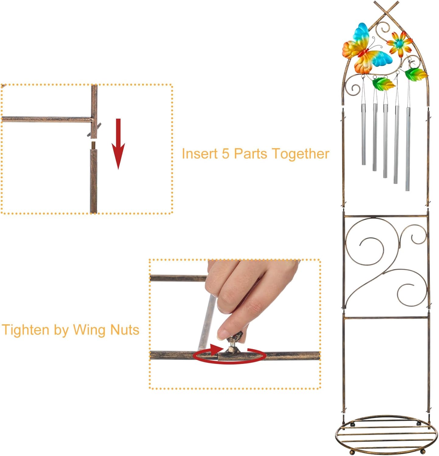 Garden Trellis with Plant Stands, 48” Metal Detachable Butterfly Plant Pot Trellis with Wind Chimes for Climbing Plants Outdoor Lawn Patio Porches Decor