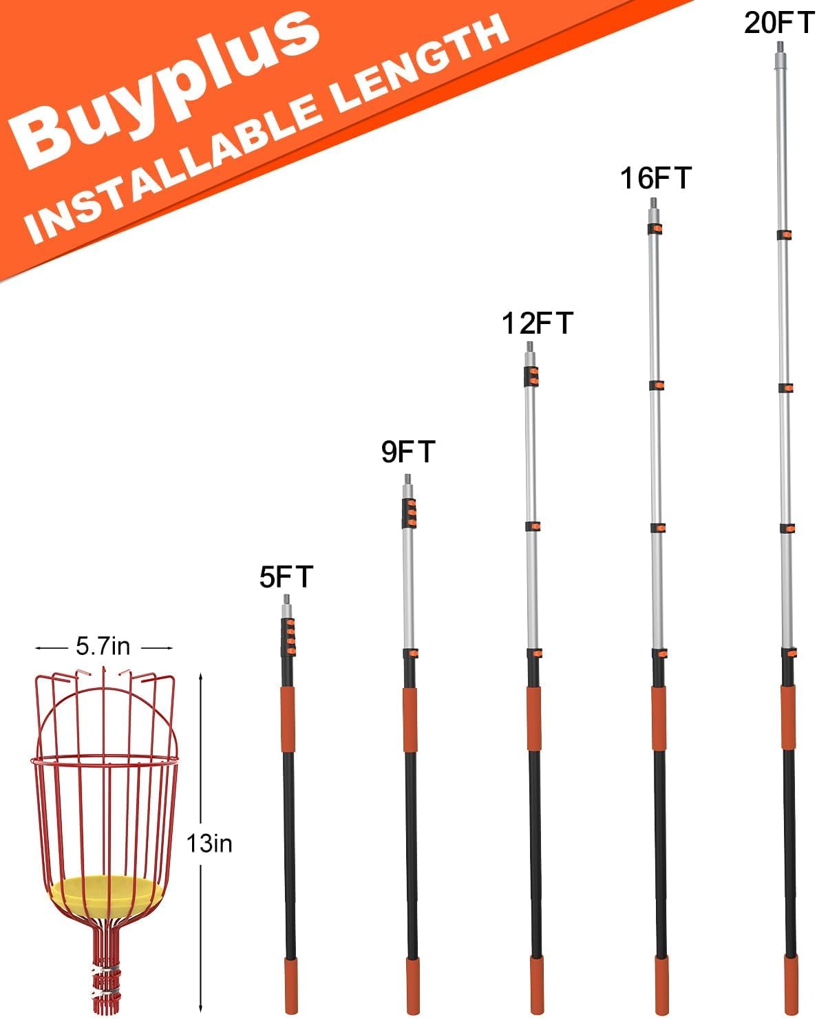 Buyplus 26ft High Reach Fruit Picker with Basket Telescoping, 5-20 Foot Heavy Duty Sturdy Aluminium Telescoping Extension Pole, Easy to Attach Twist-On Metal Basket for Picking Mango Avocado Lemon