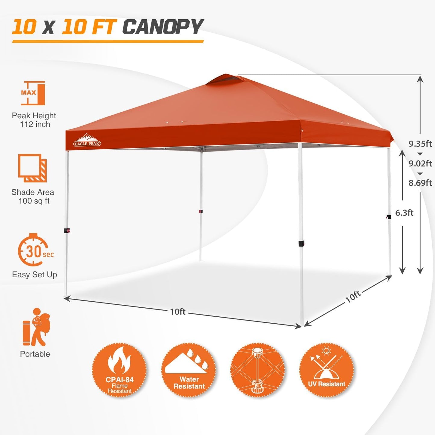 EAGLE PEAK Pop Up Canopy Tent with Wheeled Carry Bag, 8 Stakes, 4 Ropes, 4 Weight Bags, Easy Set Up Tent Canopy, 10x10 ft, 100sqft of Shade, Brick Red